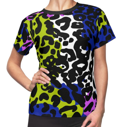 Color Block Leopard Print Women's Crewneck Tee in Techno